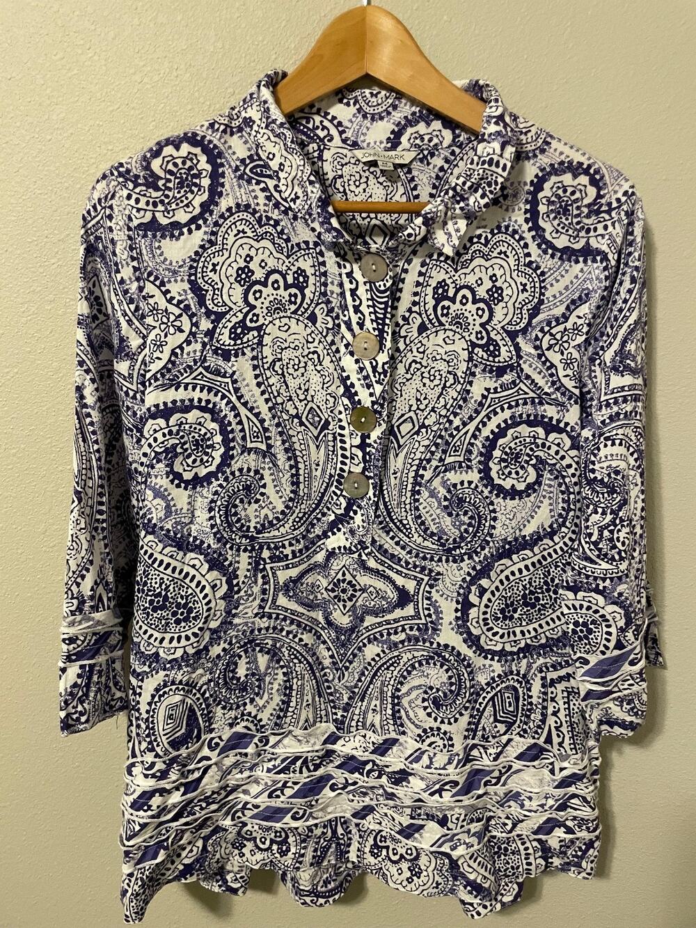 John Mark Tunic Top Womens Medium Purple Paisley Henley Ruffle Linen Blend Boho